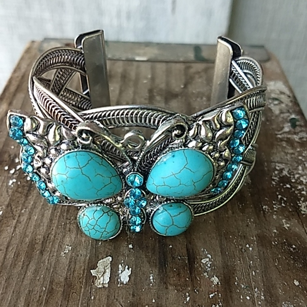 Turquoise Rhinestone butterfly cuff bracelet